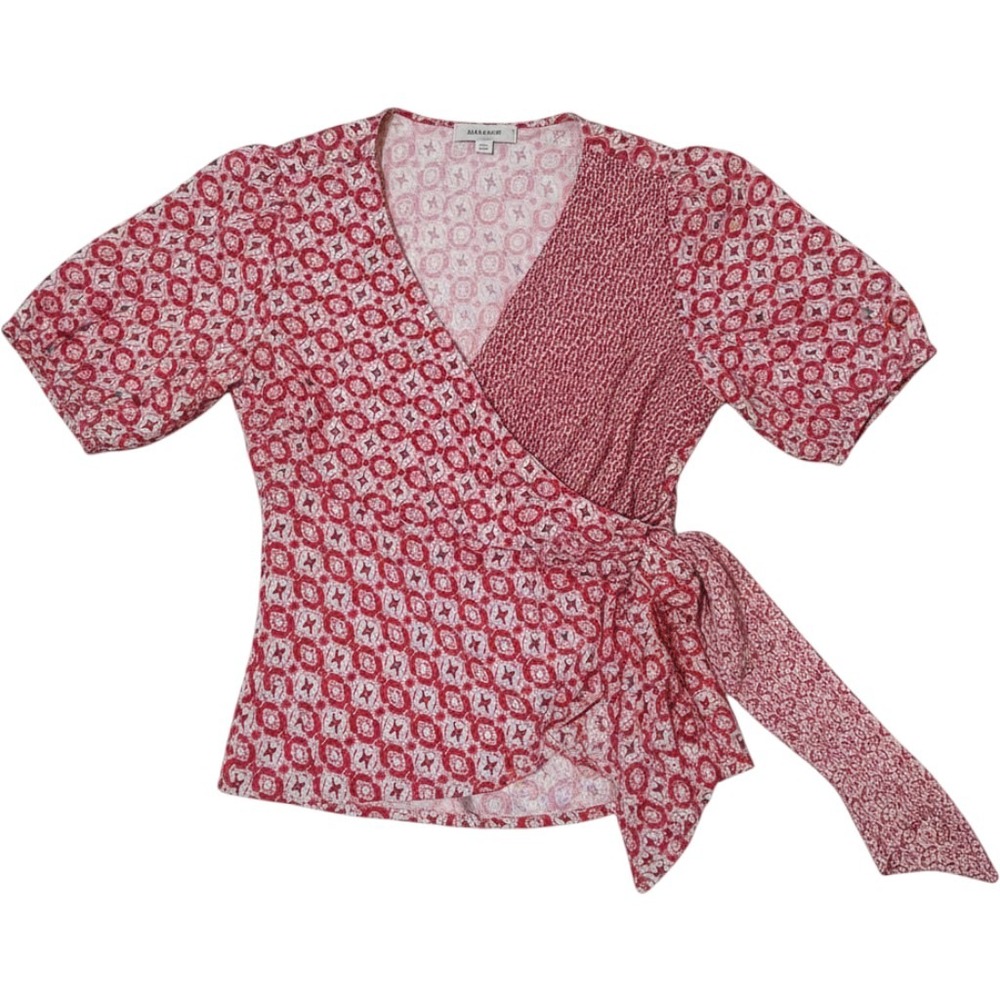 Sachin/Babi Red Mixed Geometric Floral Wrap Blouse Puff Sleeve Top 4 Boho Retro